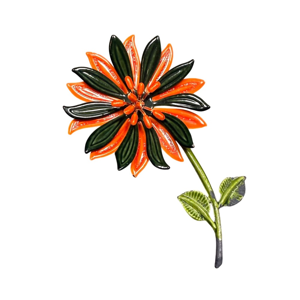 Vintage 60s Enamel Flower Mod Brooch Orange Green Layered Daisy Long Stem Pin